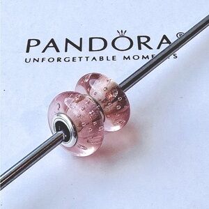 Pandora Lot/2 Pink Effervescent Murano Glass Charm with Clear Cz